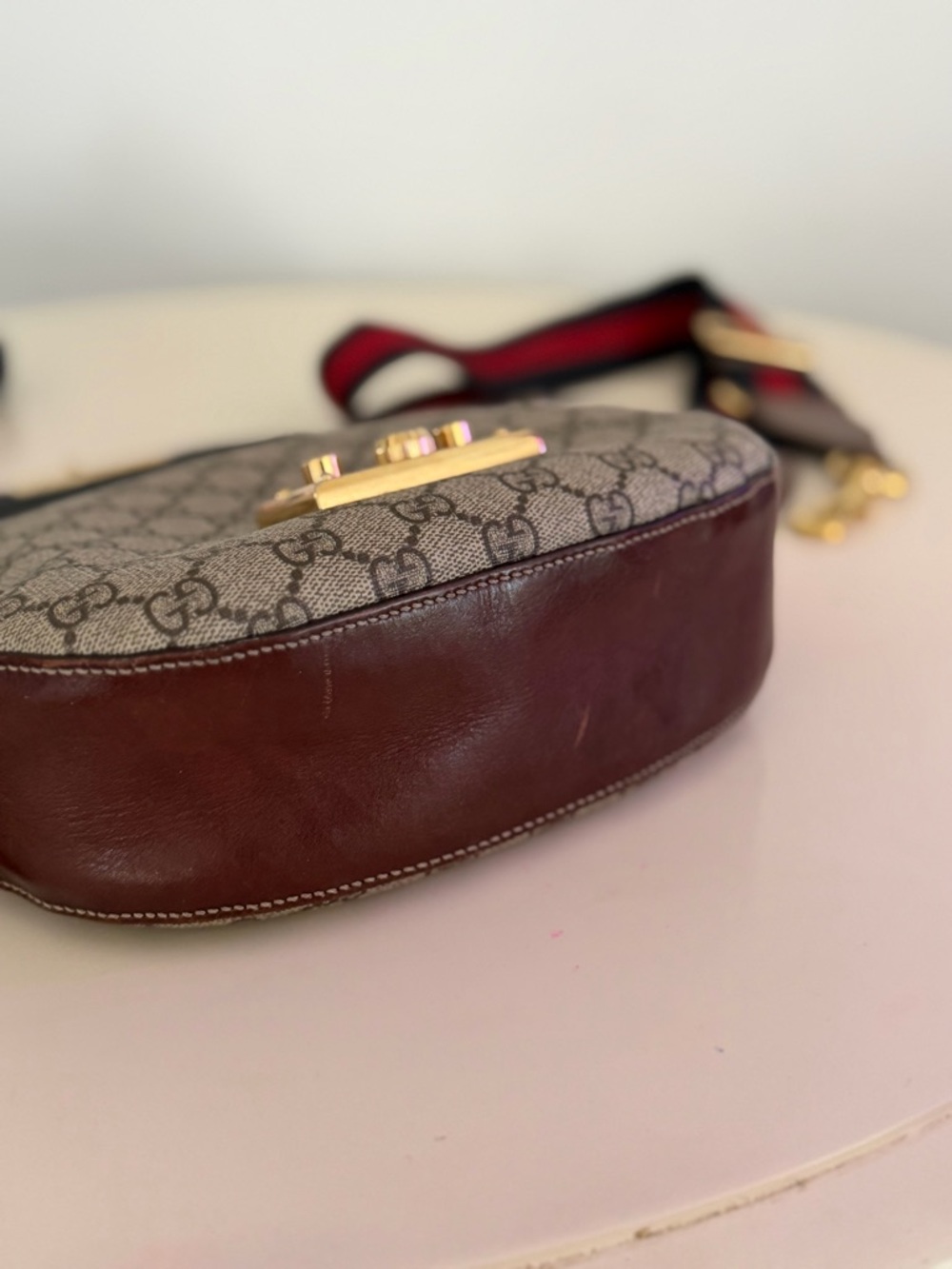 Gucci Black Leather Padlock Saddle Canvas Crossbody with Navy-Red Web Strap - Picture 5 of 9